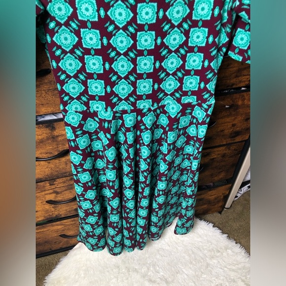 LuLaRoe Teal and Burgundy Geometric Midi Dress - Picture 6 of 14